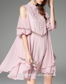 Women Casual Pink Cold Shoulder Half Sleeve Beaded Mini Dress