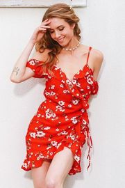 China Clothing Manufacturers Service Womens Slip Custom Red Short Chiffon Flower Dress Mini